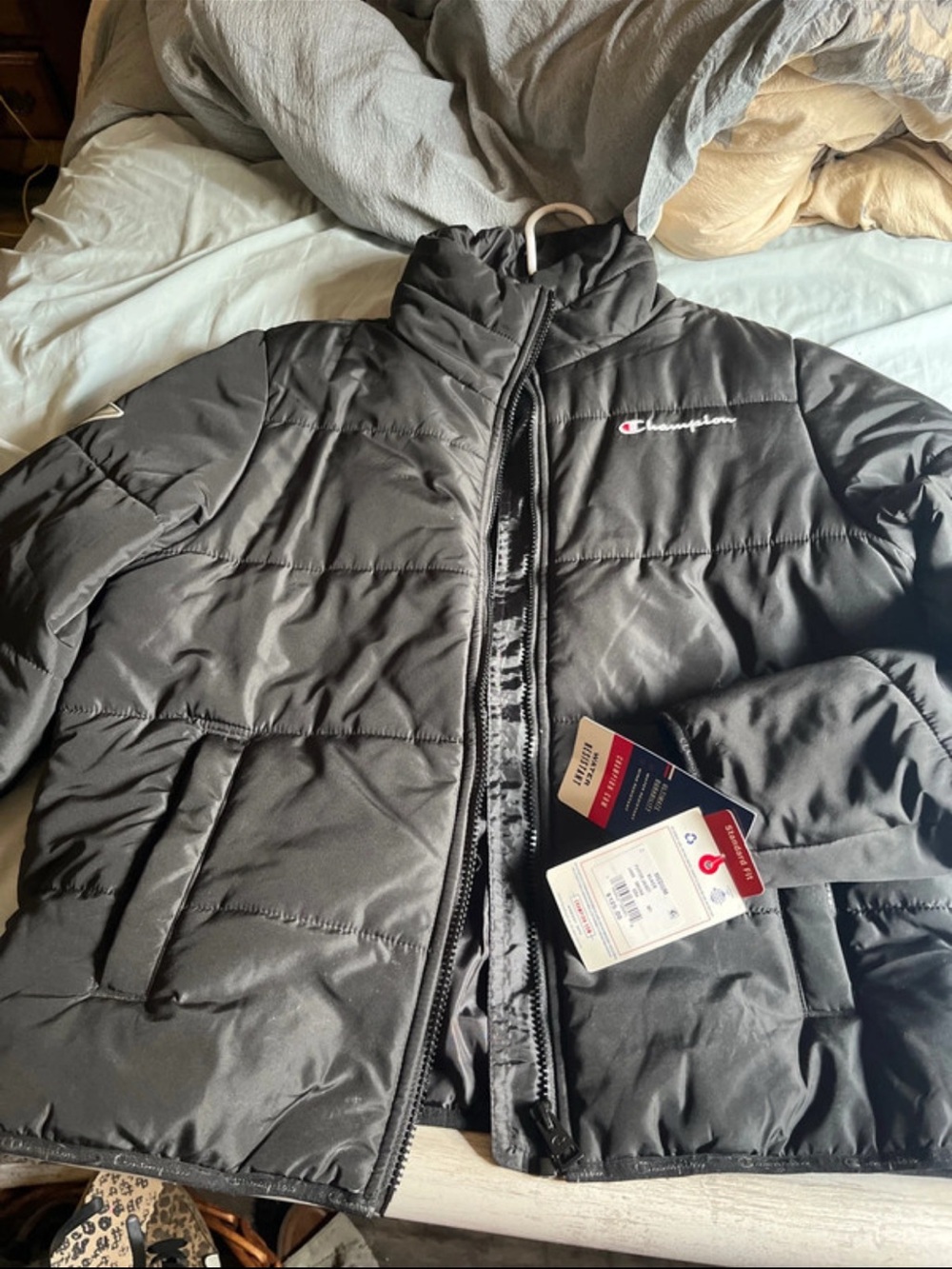 Champion Black Men's Puffer Jacket with Embroidered Logo